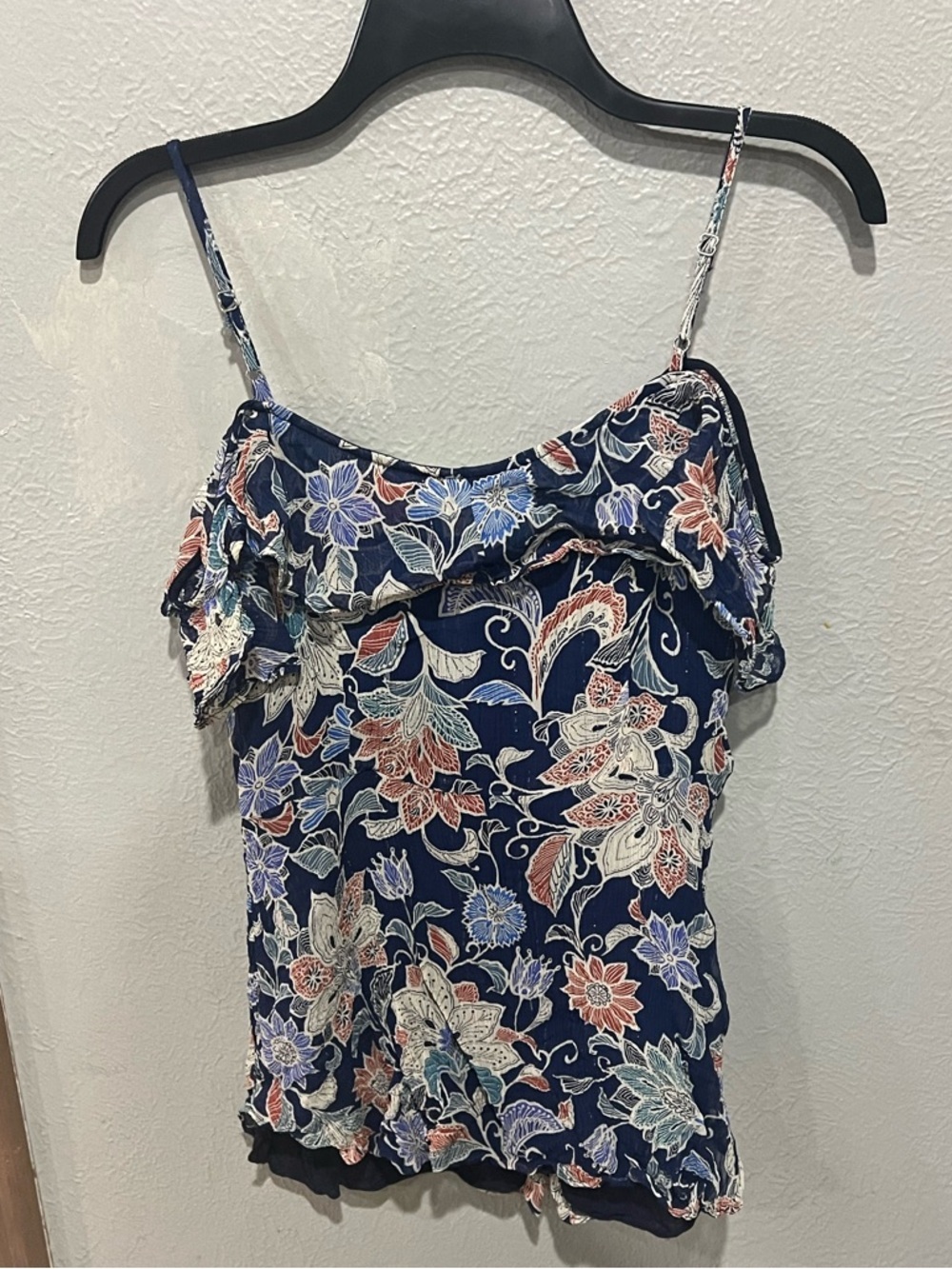 Maeve Navy Floral Ruffle-Trim Spaghetti-Strap Off Shoulder Top Size 10 EUC - Picture 5 of 5